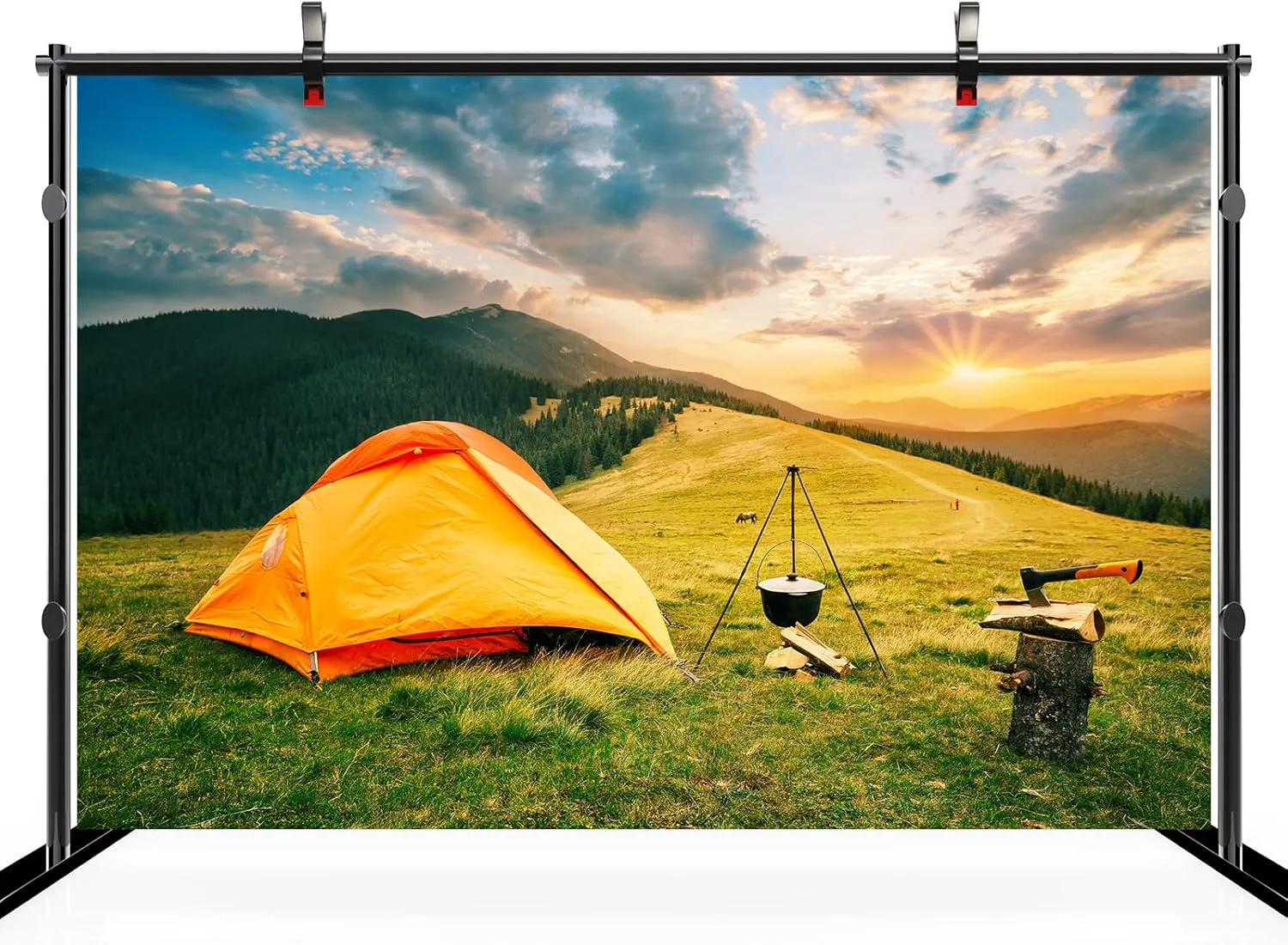 7ftx5ft Camping Backdrop Pine Forest and Mountain Scenery Outdoor Sunrise Background for Camper Tent Theme Birthday Party Backdrop Hiking Climbing Background Photoshoot Props Wallpaper