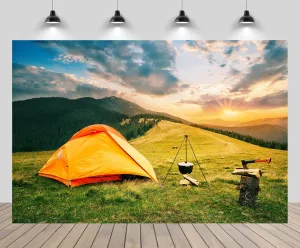 7ftx5ft Camping Backdrop Pine Forest and Mountain Scenery Outdoor Sunrise Background for Camper Tent Theme Birthday Party Backdrop Hiking Climbing Background Photoshoot Props Wallpaper
