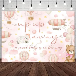 7x5ft Hot Air Balloon Baby Shower Backdrop Up Up and Away A Baby is On The Way Photography Background Pink Travel Begins Adventure Awaits Baby Shower Party Banner Photo Supplies Studio Props