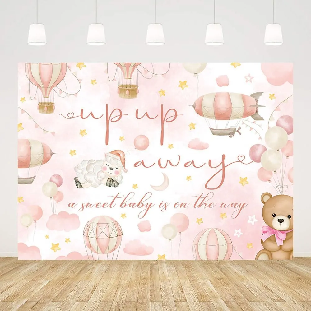 7x5ft Hot Air Balloon Baby Shower Backdrop Up Up and Away A Baby is On The Way Photography Background Pink Travel Begins Adventure Awaits Baby Shower Party Banner Photo Supplies Studio Props