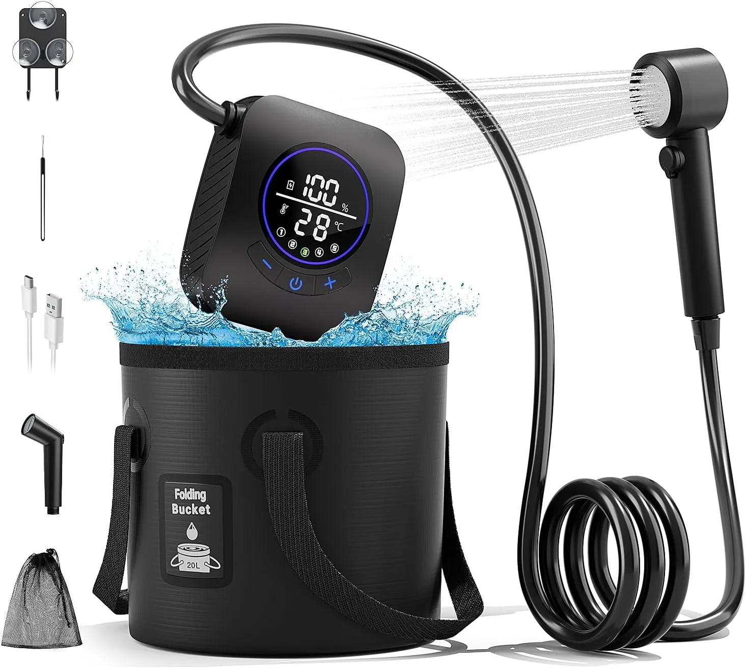8000mAh Portable Camping Shower, Upgrade Rechargeable Electric Shower Pump with 5 Gallon Bucket, Intelligent LED Display,Portable Shower for Outdoor