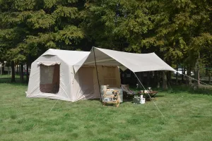 9.8 x 13ft Inflatable Camping Tent with Canopy, Air Glamping Tents for 7-8 People, Easy Setup Hand Pump Included, Waterproof Windproof Blow Up Shelter in Beige