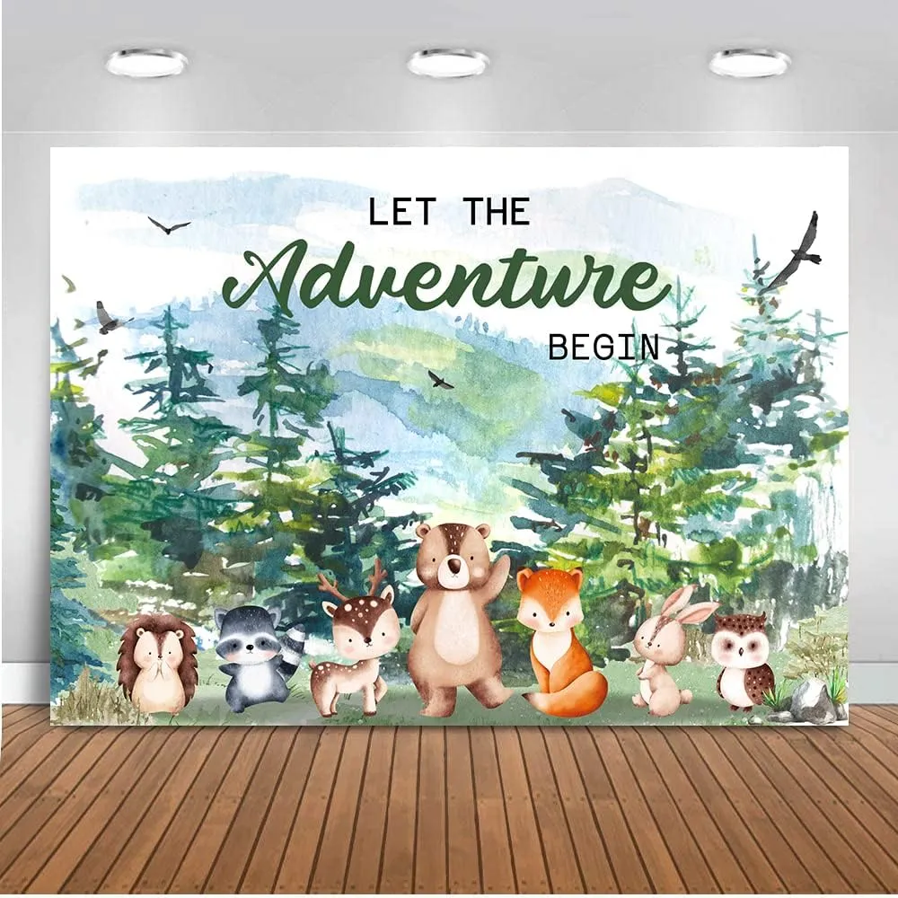 Adventure Awaits Baby Shower Backdrop Let The Adventure Begin Baby Shower Decorations Woodland Theme Birthday Party Decoration Rustic Forest Mountains Photography Background (8x6ft)