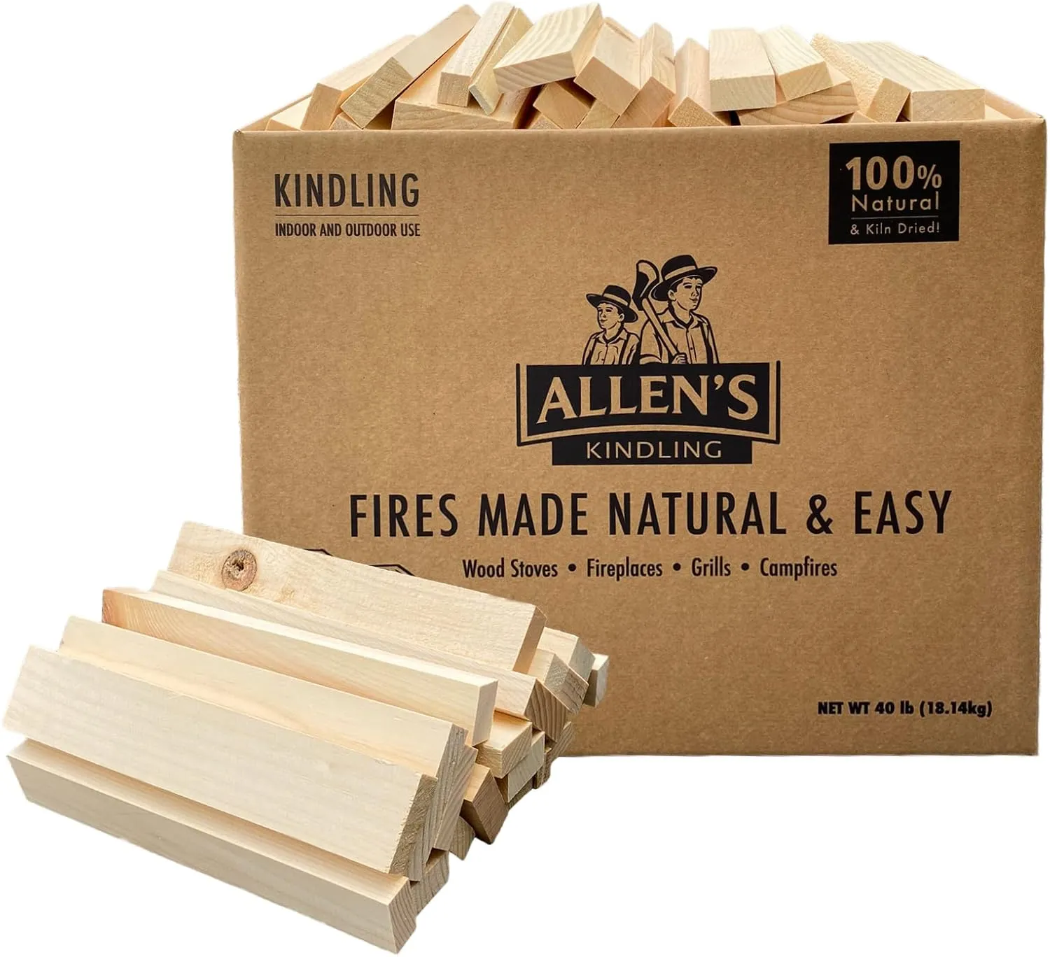 Allen's Natural Kindling Wood – 40 LB Box of Kiln-Dried Fire Starter Sticks for Campfires, Wood Stoves & BBQ – Easy to Light Fire Pit – Clean Burn Fire Starter Logs – No Chemicals or Odors