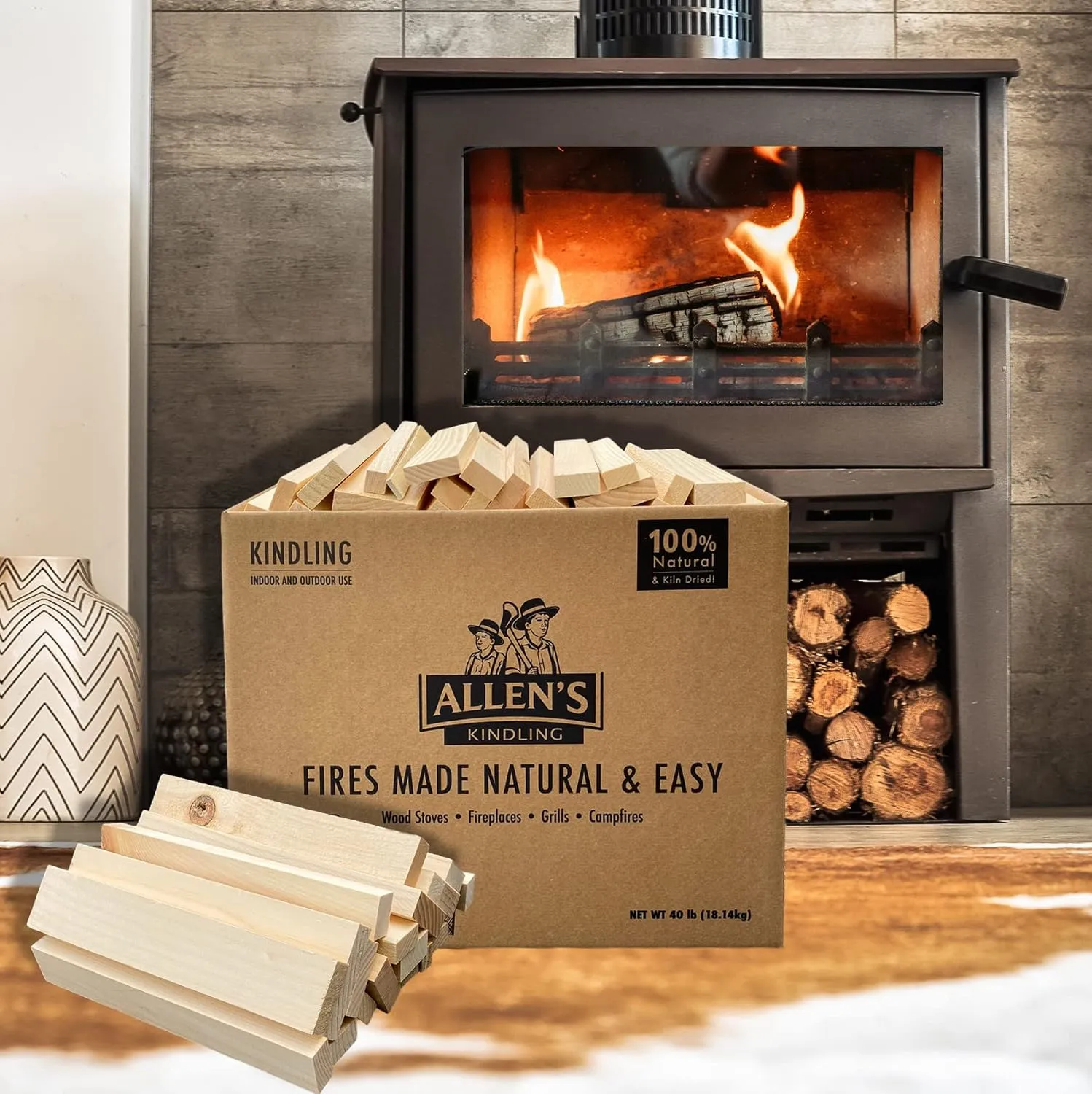 Allen's Natural Kindling Wood – 40 LB Box of Kiln-Dried Fire Starter Sticks for Campfires, Wood Stoves & BBQ – Easy to Light Fire Pit – Clean Burn Fire Starter Logs – No Chemicals or Odors