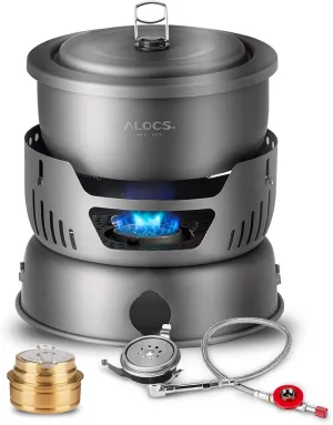 ALOCS Camping Cookware Set, 11 Piece Lightweight Camping Cooking Set with Alcohol Stove & Gas Stove Burner, Portable & Durable Camping Pot Camping Gear for Camping, Hiking & Outdoor Picnics