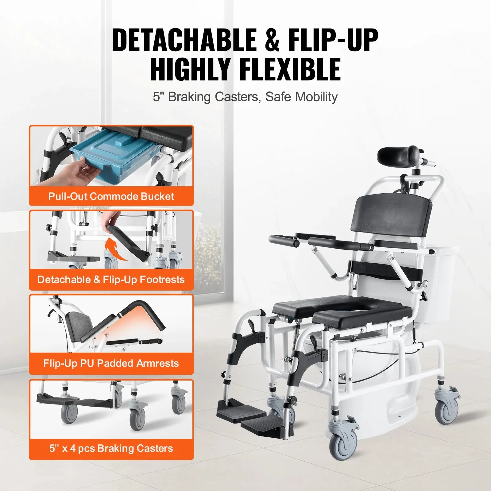 Aluminum Alloy Shower Wheelchair – 17.5” Width | Foldable, Lightweight & Durable for Disabled Adults
