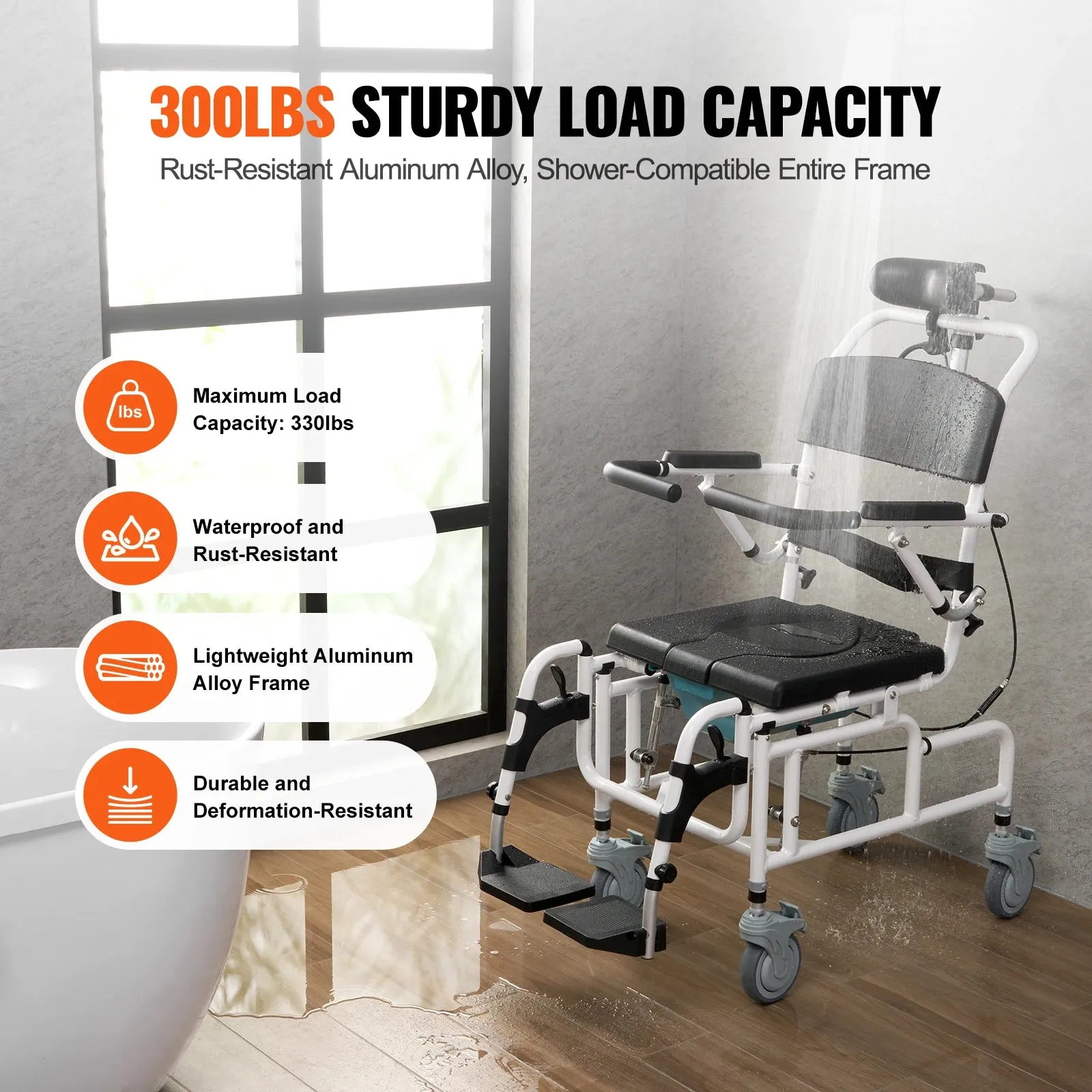 Aluminum Alloy Shower Wheelchair – 17.5” Width | Foldable, Lightweight & Durable for Disabled Adults