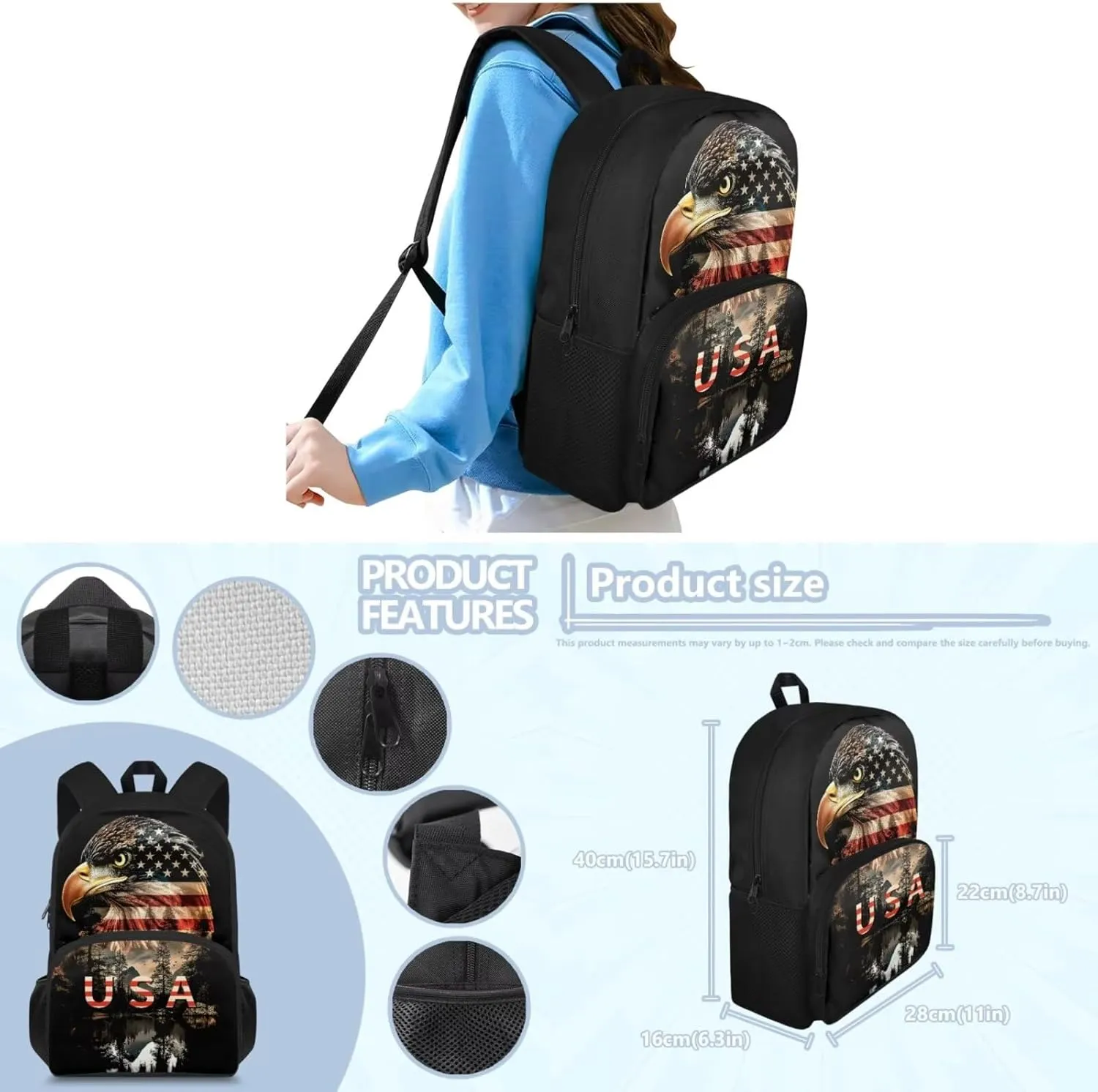 American Eagle 2Th Grade Backpack for Boys Backpack and Lunch Bag Pencil Case Water Bottle Sleeve Set for Boys Ideal for Students Go To School Extracurricular Activities Independence Day