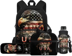 American Eagle 2Th Grade Backpack for Boys Backpack and Lunch Bag Pencil Case Water Bottle Sleeve Set for Boys Ideal for Students Go To School Extracurricular Activities Independence Day