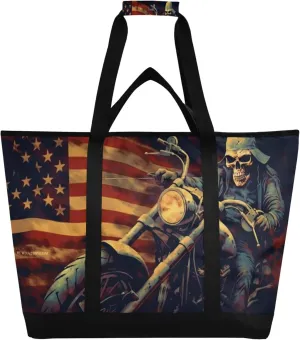 American Flag Motorcycle Reusable Insulated Cooler Bag with Ice Pack Compartment - Large 47L Waterproof Thermal Grocery Tote for Picnic Beach Camping Lunch Storage