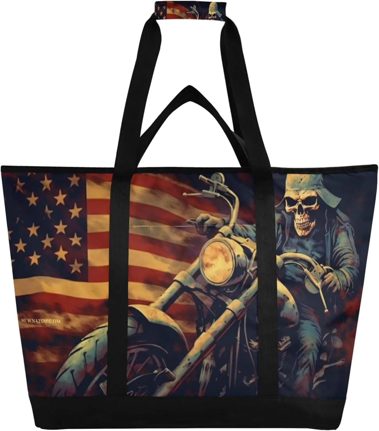 American Flag Motorcycle Reusable Insulated Cooler Bag with Ice Pack Compartment - Large 47L Waterproof Thermal Grocery Tote for Picnic Beach Camping Lunch Storage