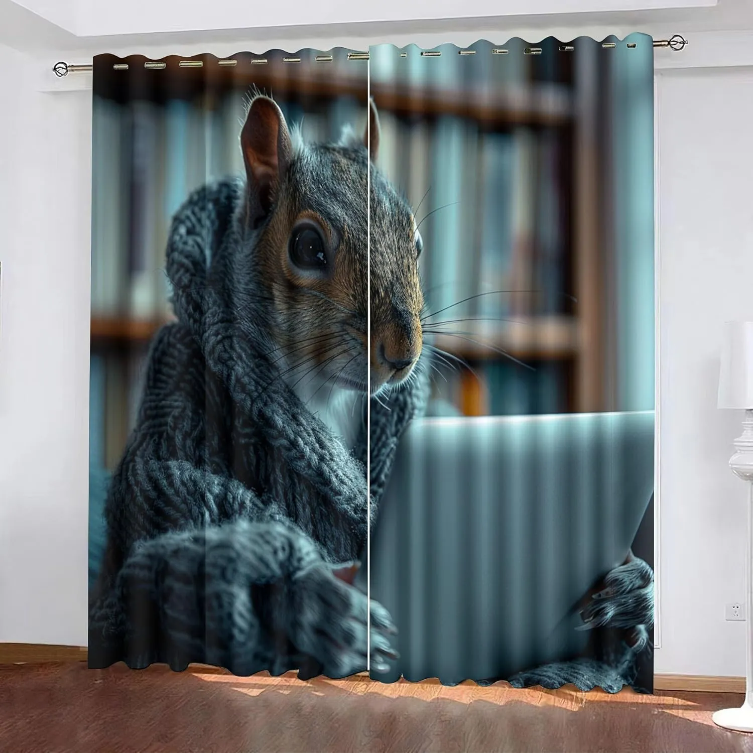 Animal Darkening Window Curtains 3D Print Office Office Gray Sweater Squirrel Thermal Insulated Wear Resistant Drapes with Grommet for Home Decor Bedroom Living Room 2 Panels 42" W x 63" L