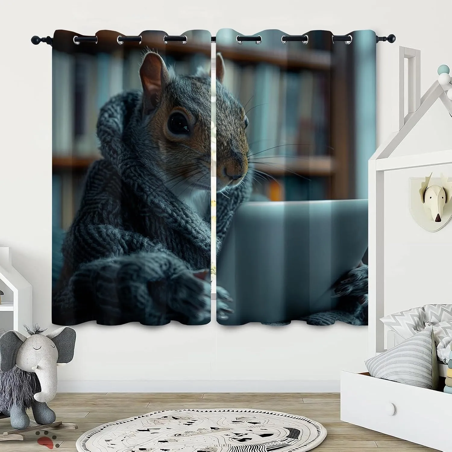 Animal Darkening Window Curtains 3D Print Office Office Gray Sweater Squirrel Thermal Insulated Wear Resistant Drapes with Grommet for Home Decor Bedroom Living Room 2 Panels 42" W x 63" L