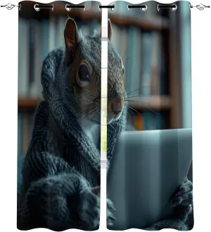 Animal Darkening Window Curtains 3D Print Office Office Gray Sweater Squirrel Thermal Insulated Wear Resistant Drapes with Grommet for Home Decor Bedroom Living Room 2 Panels 42" W x 63" L