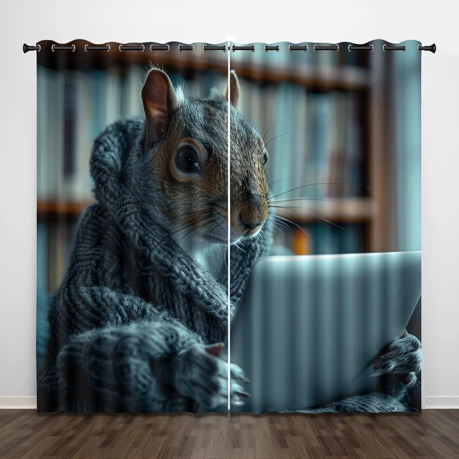 Animal Darkening Window Curtains 3D Print Office Office Gray Sweater Squirrel Thermal Insulated Wear Resistant Drapes with Grommet for Home Decor Bedroom Living Room 2 Panels 42" W x 63" L