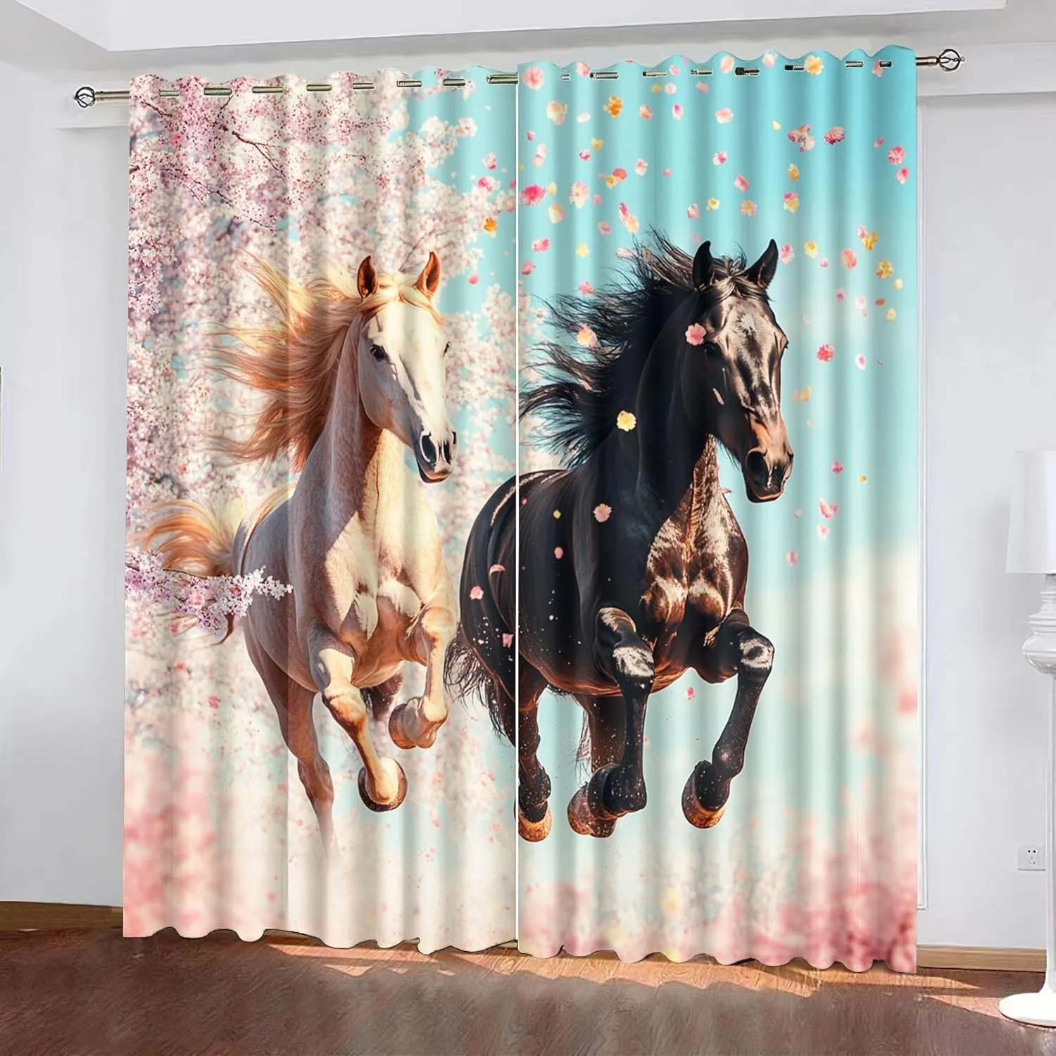 Animal Darkening Window Curtains 3D Print Pink Petals Horse Thermal Insulated Wear Resistant Drapes with Grommet for Home Decor Bedroom Living Room 2 Panels 42" W x 63" L