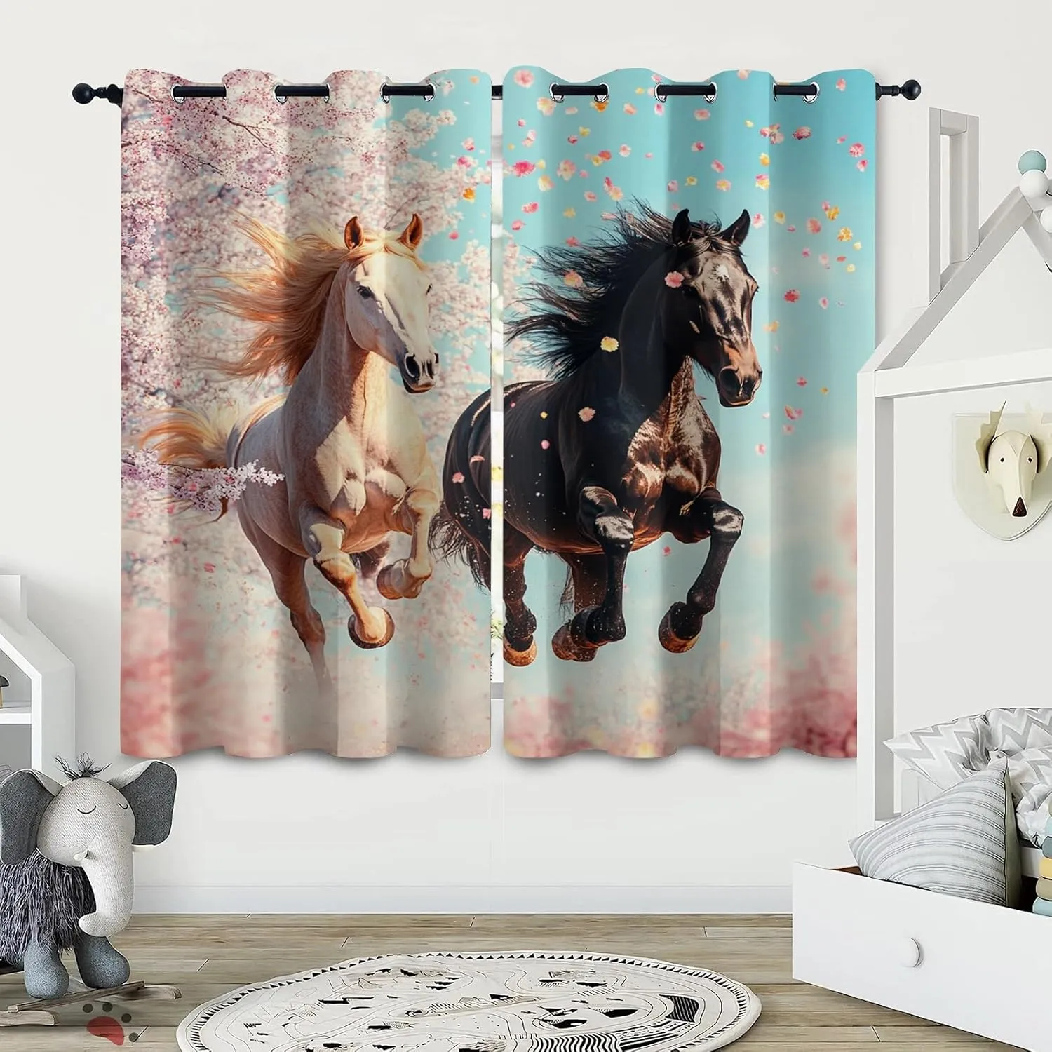 Animal Darkening Window Curtains 3D Print Pink Petals Horse Thermal Insulated Wear Resistant Drapes with Grommet for Home Decor Bedroom Living Room 2 Panels 42" W x 63" L