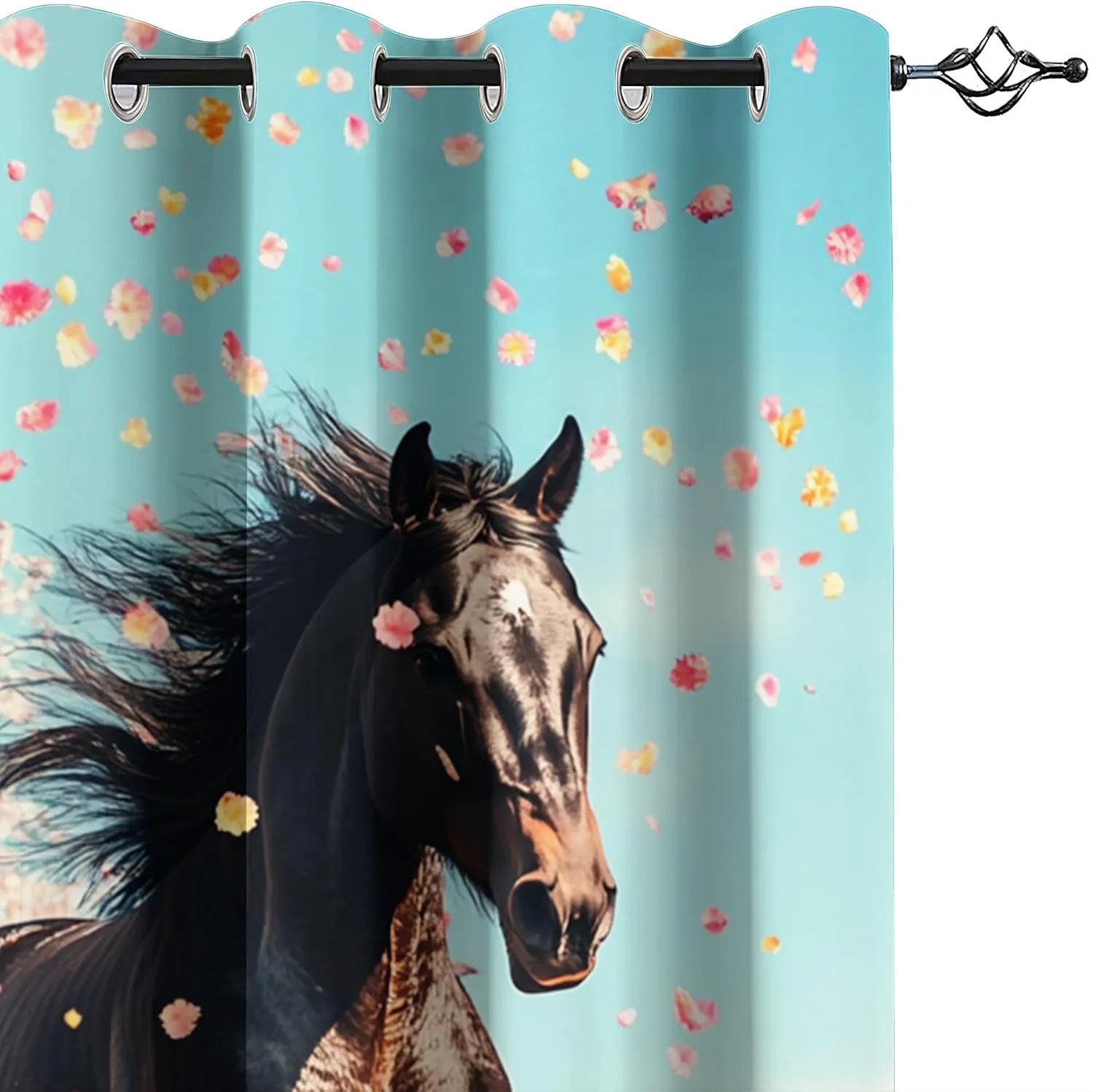 Animal Darkening Window Curtains 3D Print Pink Petals Horse Thermal Insulated Wear Resistant Drapes with Grommet for Home Decor Bedroom Living Room 2 Panels 42" W x 63" L