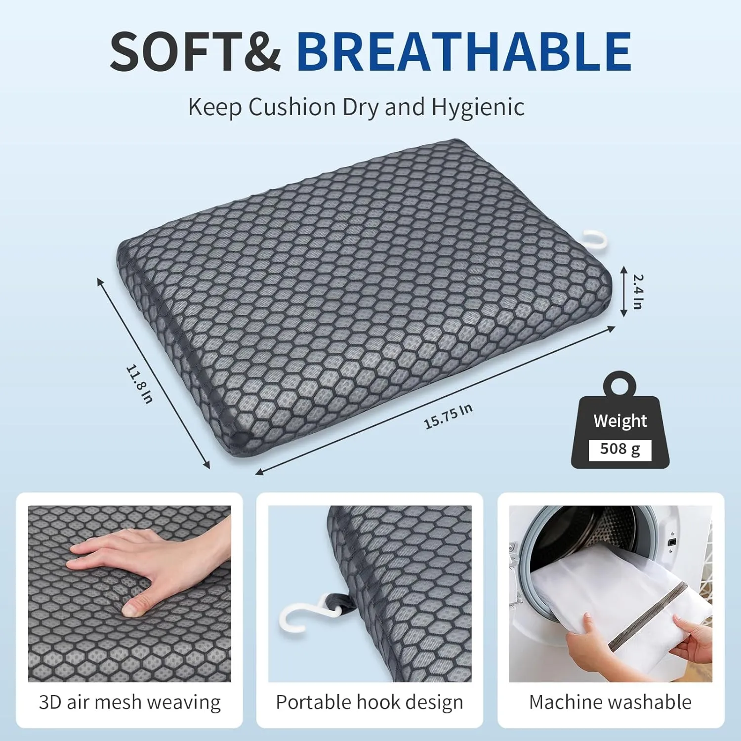 Anycosy Shower Seat Cushion,Bathtub Cushion for Transfer Benches,Slip-Resistant 3D Foam Mesh Bathtub Seat Cushion Mat with Hook,Quick Drying Bathtub Chair Pad for Elderly (Gray, Medium)