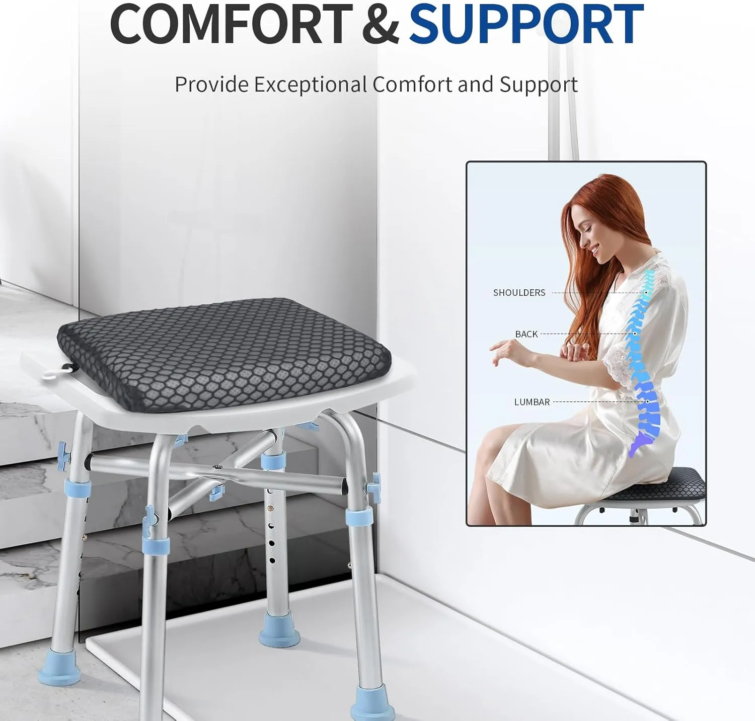 Anycosy Shower Seat Cushion,Bathtub Cushion for Transfer Benches,Slip-Resistant 3D Foam Mesh Bathtub Seat Cushion Mat with Hook,Quick Drying Bathtub Chair Pad for Elderly (Gray, Medium)