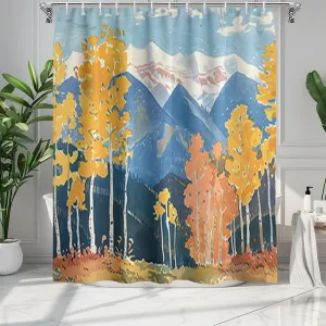 Aspens and Snow Capped Mountain Shower Curtain Fall Colors Art Shower Curtain Watercolor Nature Mountain Landscape Art Bath Curtain Waterproof Cloth Fabric Bathroom Decor with 12 Hooks 72x72in