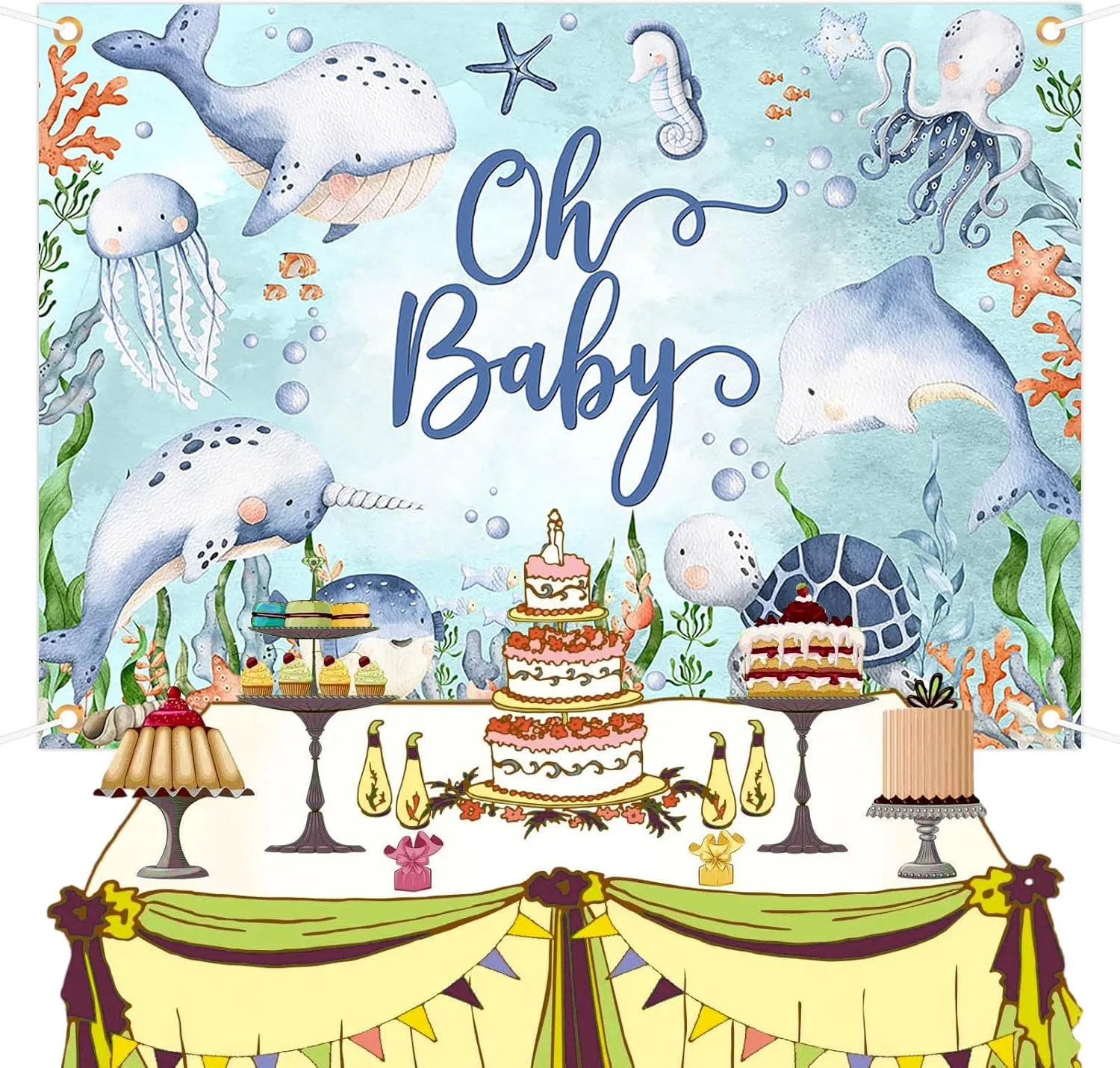 Avezano Under The Sea Backdrop for Baby Shower Oh Baby Ocean Baby Shower Photography Background Underwater World New Born Decorations Party Photo Banner (7x5ft)
