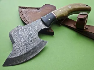 AX-45 Custom Handmade Damascus Steel 9 Inches Axe - Exotic Wood and Bull Horn Handle