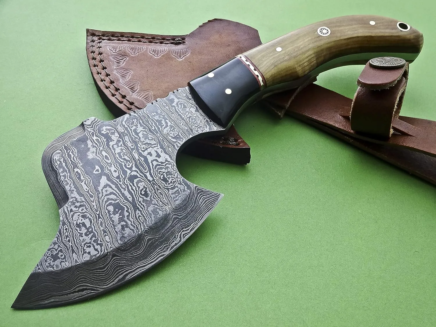 AX-45 Custom Handmade Damascus Steel 9 Inches Axe - Exotic Wood and Bull Horn Handle