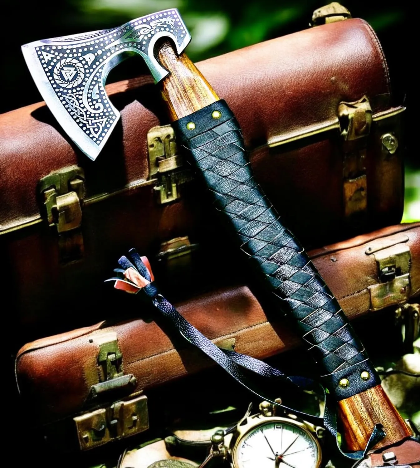 AX-7000 Custom Gift Forged Carbon Steel Viking Axe with Rose Wood Shaft, Viking Bearded Camping Axe (AX-7000) (AX-7091)