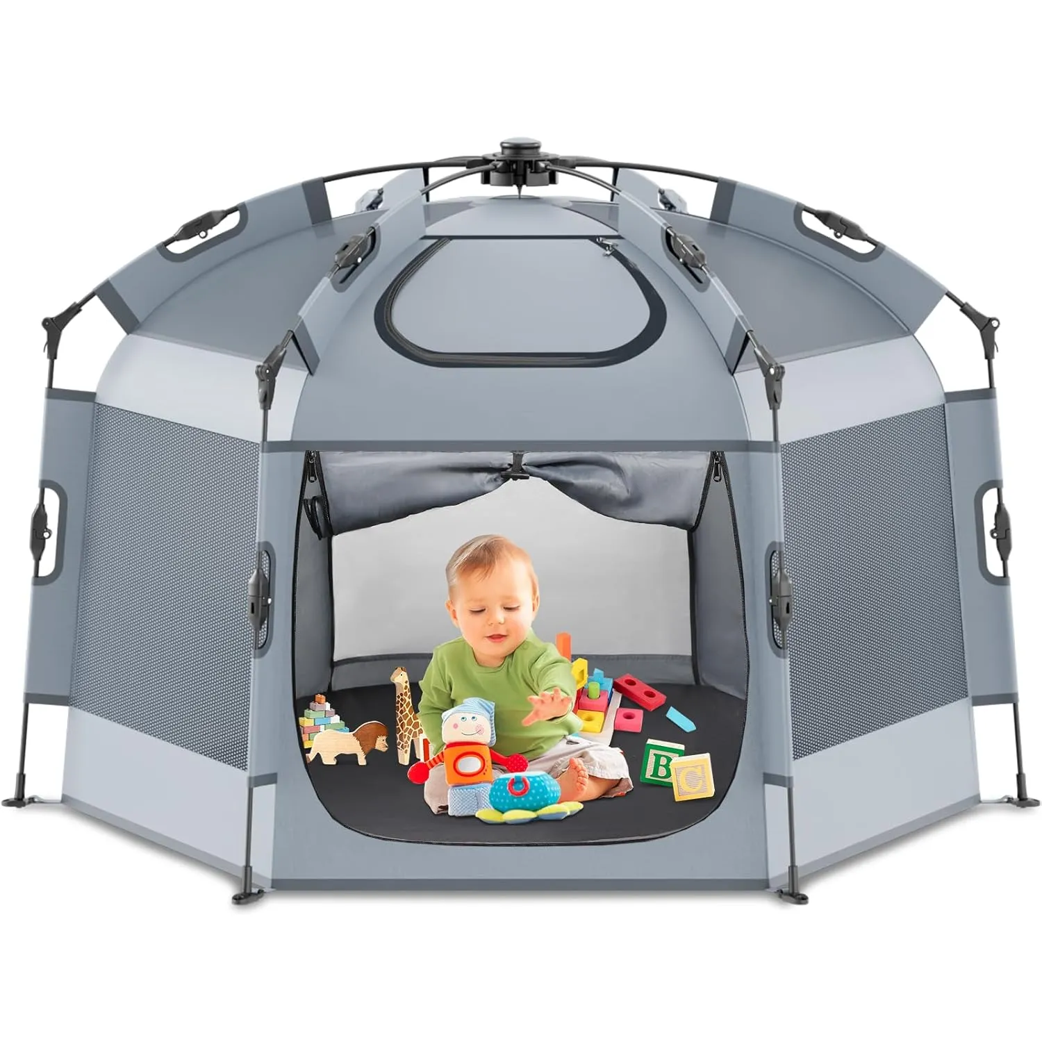 Babepai Pop Up Playpen for Babies - 55.1"Wide 36.6"Height Portable Baby Beach Tent - Indoor & Outdoor Play Yard, Foldable, Lightweight & with Travel Bag - Grey
