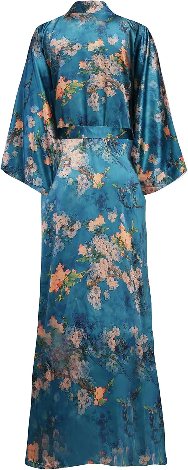 BABEYOND Floral Kimono Robe Satin Silky Wedding Robe Lightweight Long Kimono Nightgown Sleepwear