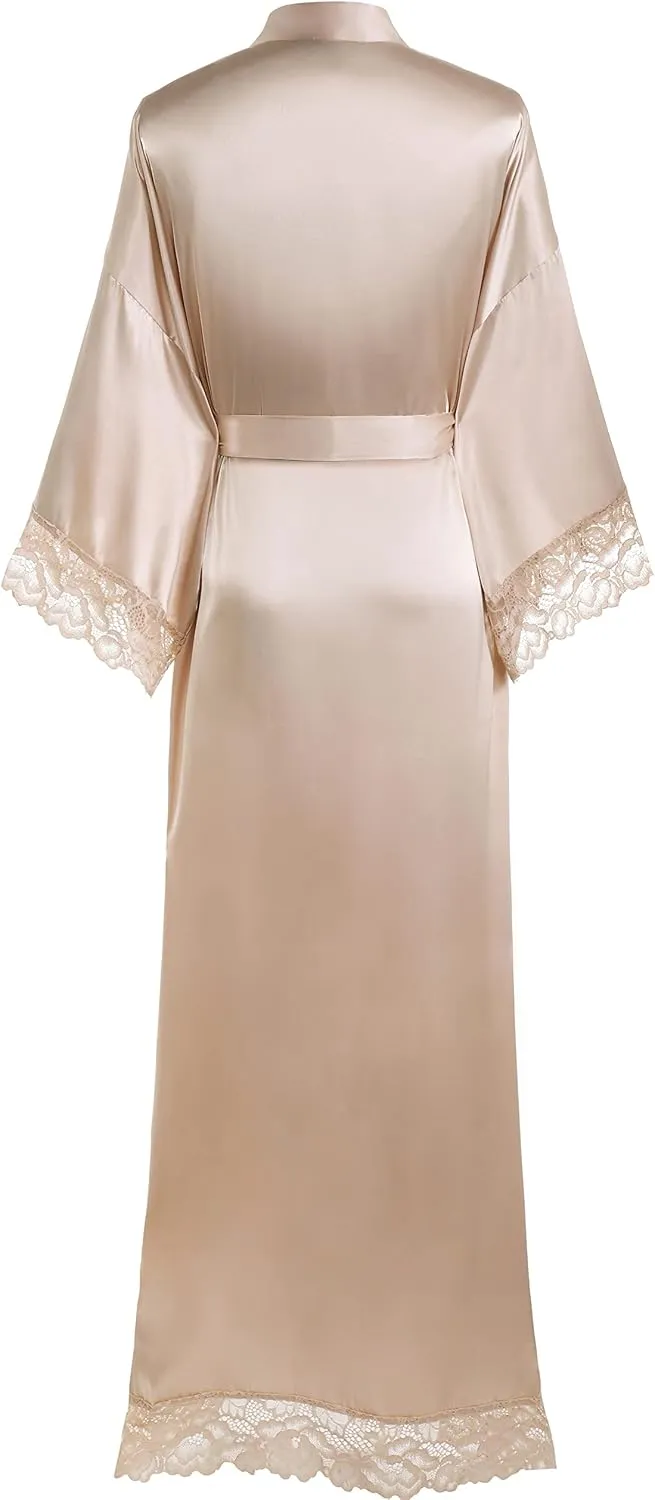 BABEYOND Satin Kimono Robe Silky Long Bridesmaid Wedding Lightweight Bath Robe with Lace Trim