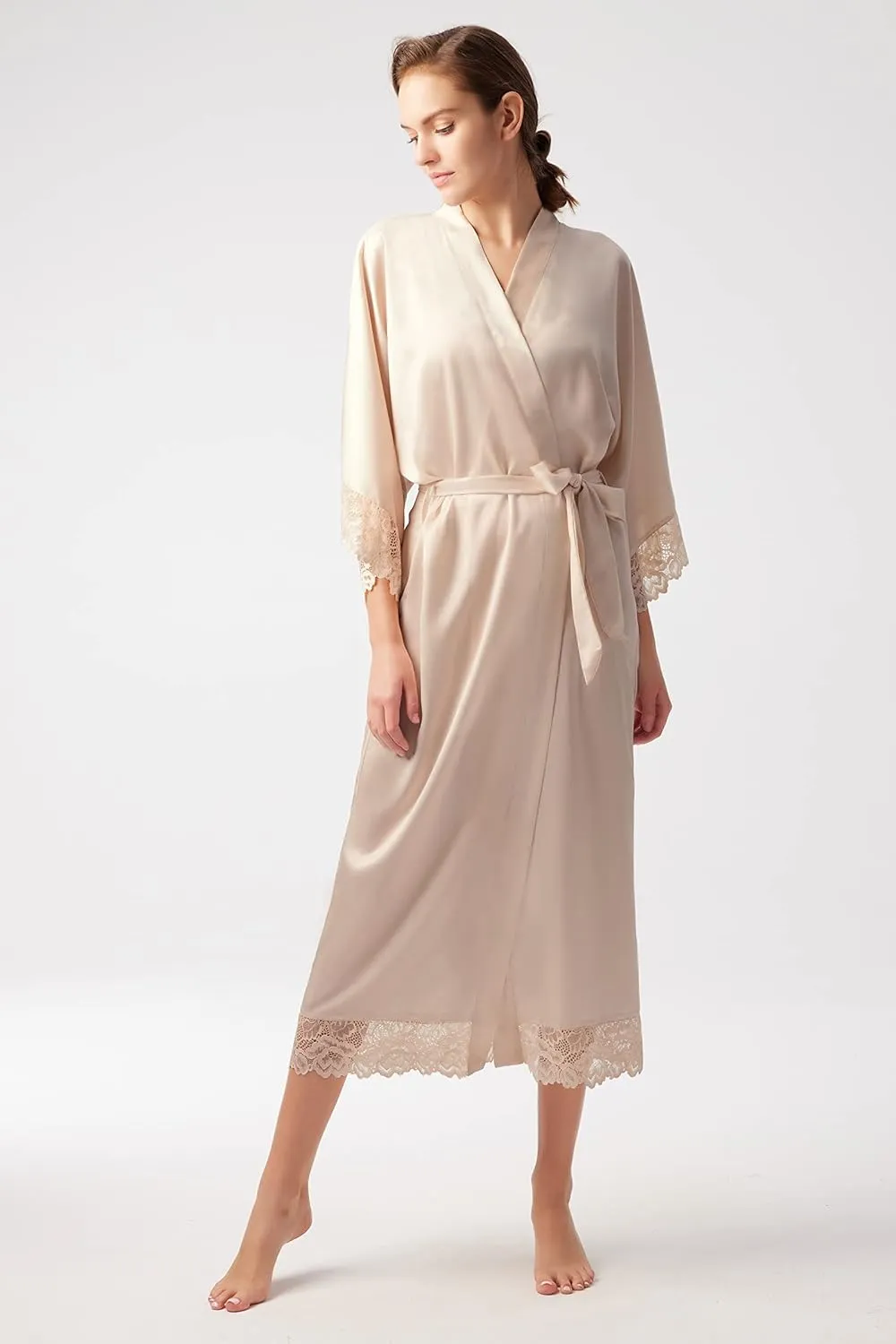 BABEYOND Satin Kimono Robe Silky Long Bridesmaid Wedding Lightweight Bath Robe with Lace Trim