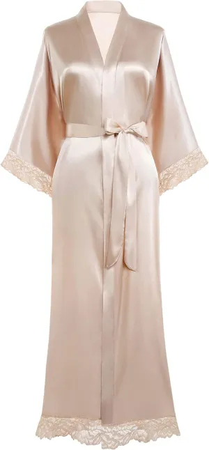 BABEYOND Satin Kimono Robe Silky Long Bridesmaid Wedding Lightweight Bath Robe with Lace Trim