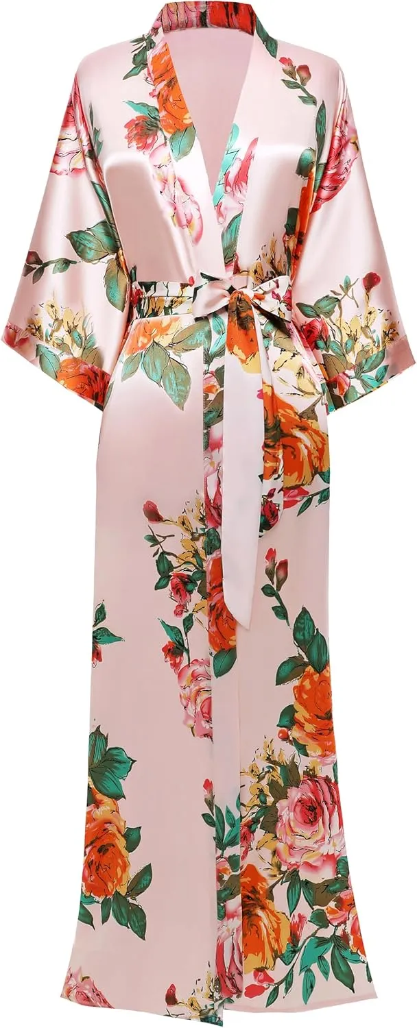 BABEYOND Women's Kimono Robe Long Satin Silky Floral Lightweight Bridesmaid Wedding Bachelorette Party Robe