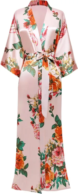 BABEYOND Women's Kimono Robe Long Satin Silky Floral Lightweight Bridesmaid Wedding Bachelorette Party Robe