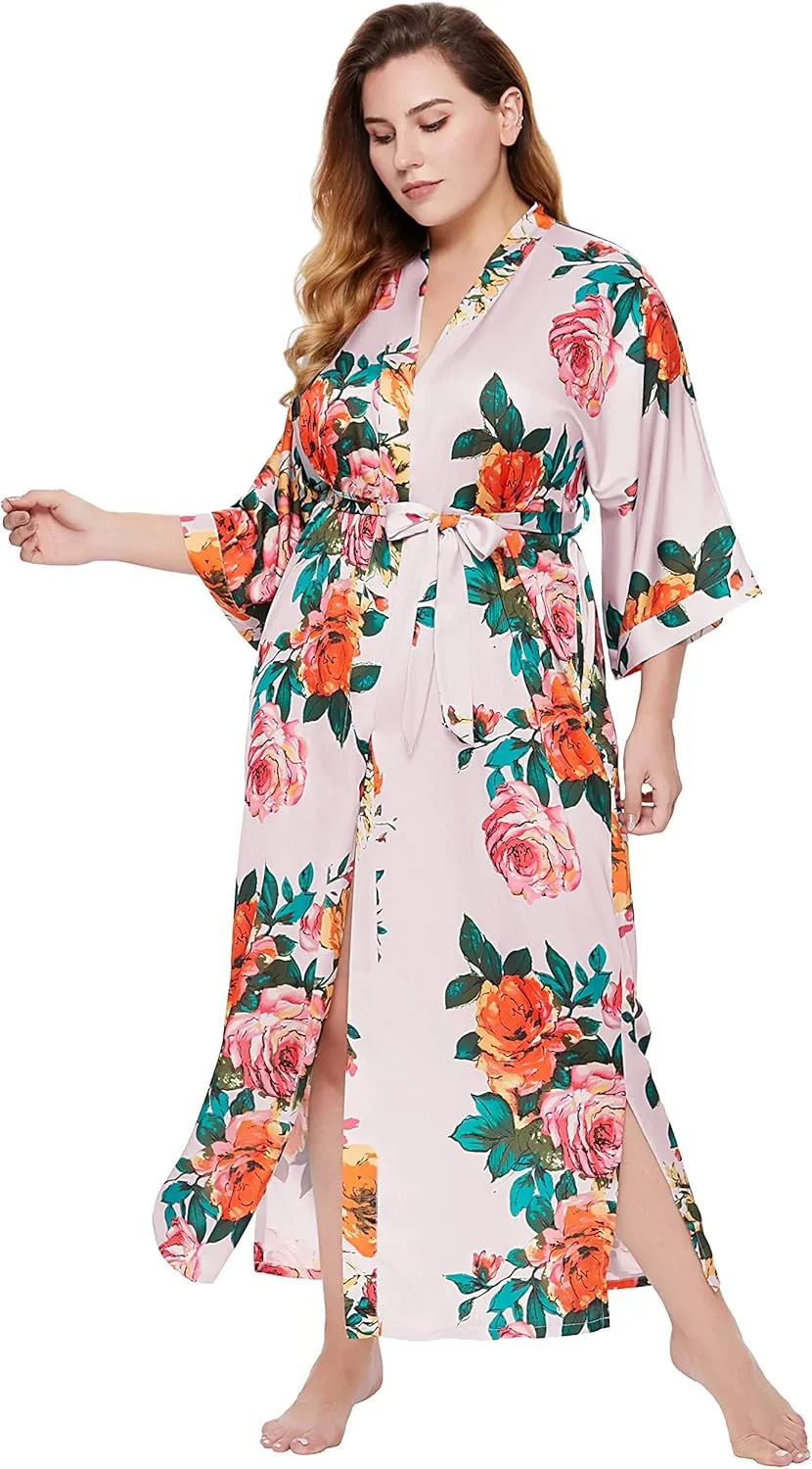 BABEYOND Women's Kimono Robe Long Satin Silky Floral Lightweight Bridesmaid Wedding Bachelorette Party Robe