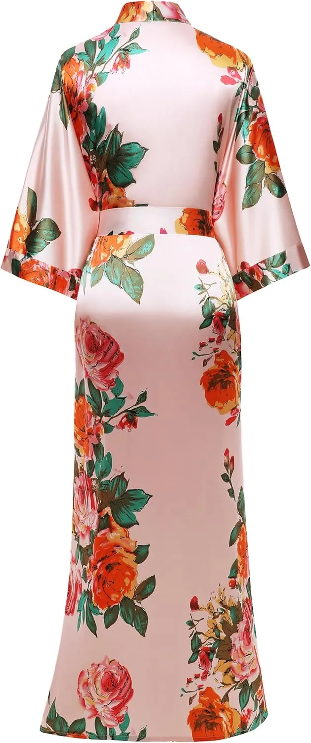 BABEYOND Women's Kimono Robe Long Satin Silky Floral Lightweight Bridesmaid Wedding Bachelorette Party Robe