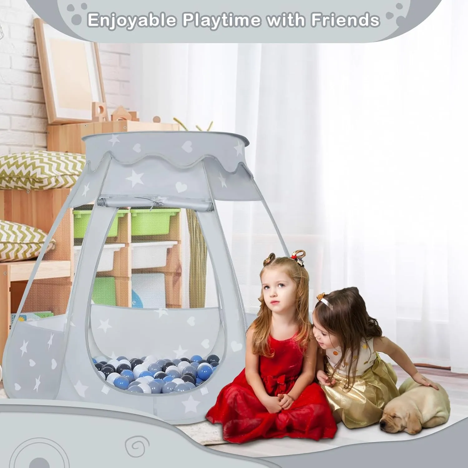 Baby Ball Pit for Toddler with 50 Balls, Kids Pop Up Play Tent for Girls, Princess Toys Gifts for Children Indoor & Outdoor Playhouse (Gray: Gray/White/Babyblue, 109x90cm/50 Balls)
