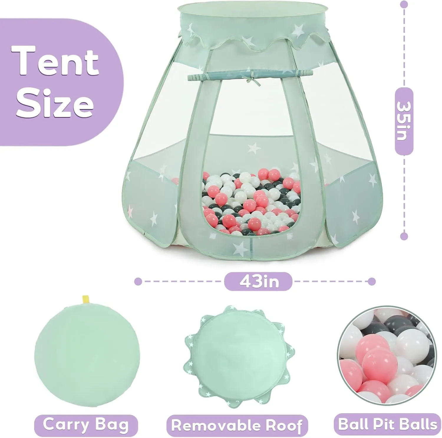 Baby Ball Pit Tent with 50 Balls - For Toddlers, Pink/White/Gray Princess Playhouse with Carry Bag, 109x90cm