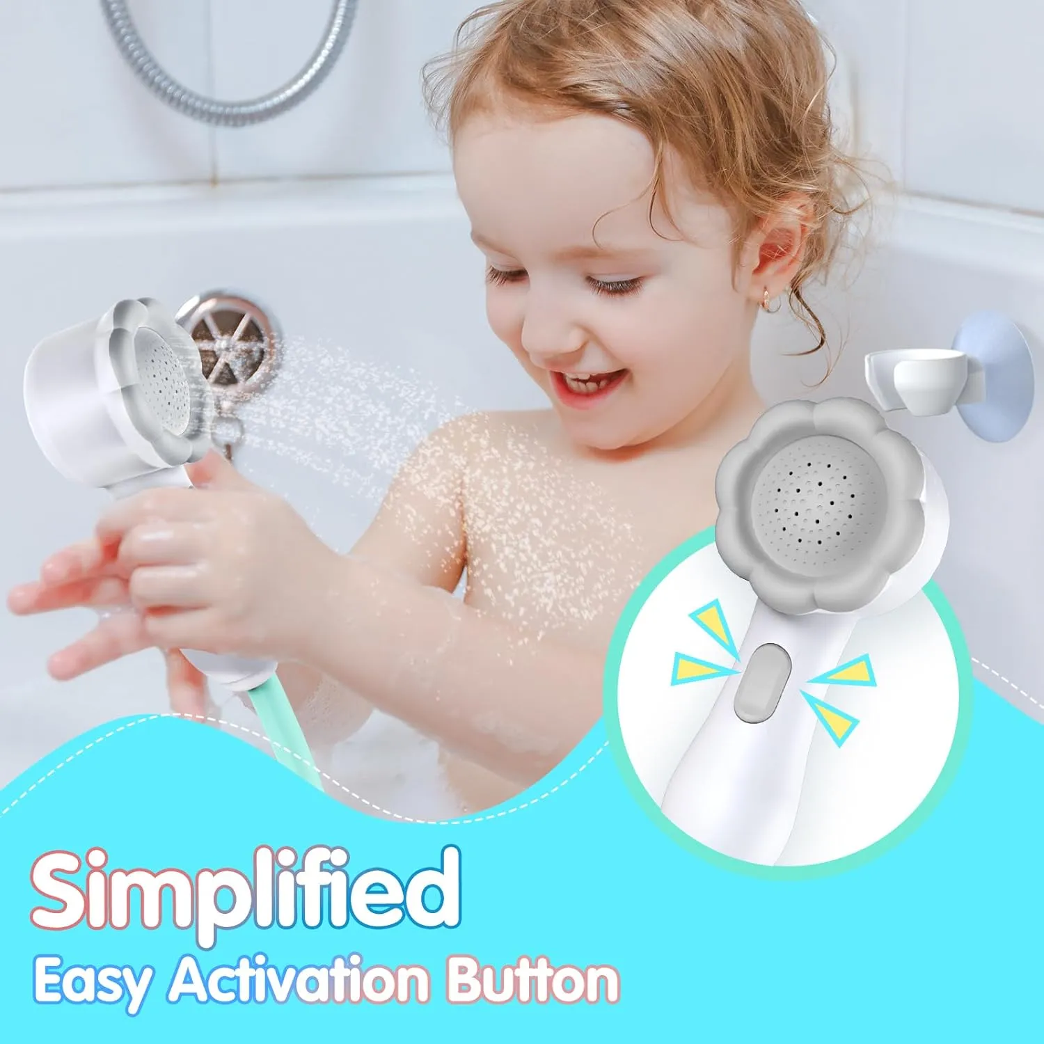 Baby Bath Shower Head for Kids Ages 1-3 Essentials, EDCREATY Rechargeable Cute Elephant Sprays Bathtub Toys with Rubber Hose Spout for 0 6 12 18 Months Babies Toddlers Infants Boys and Girls(Cyan)