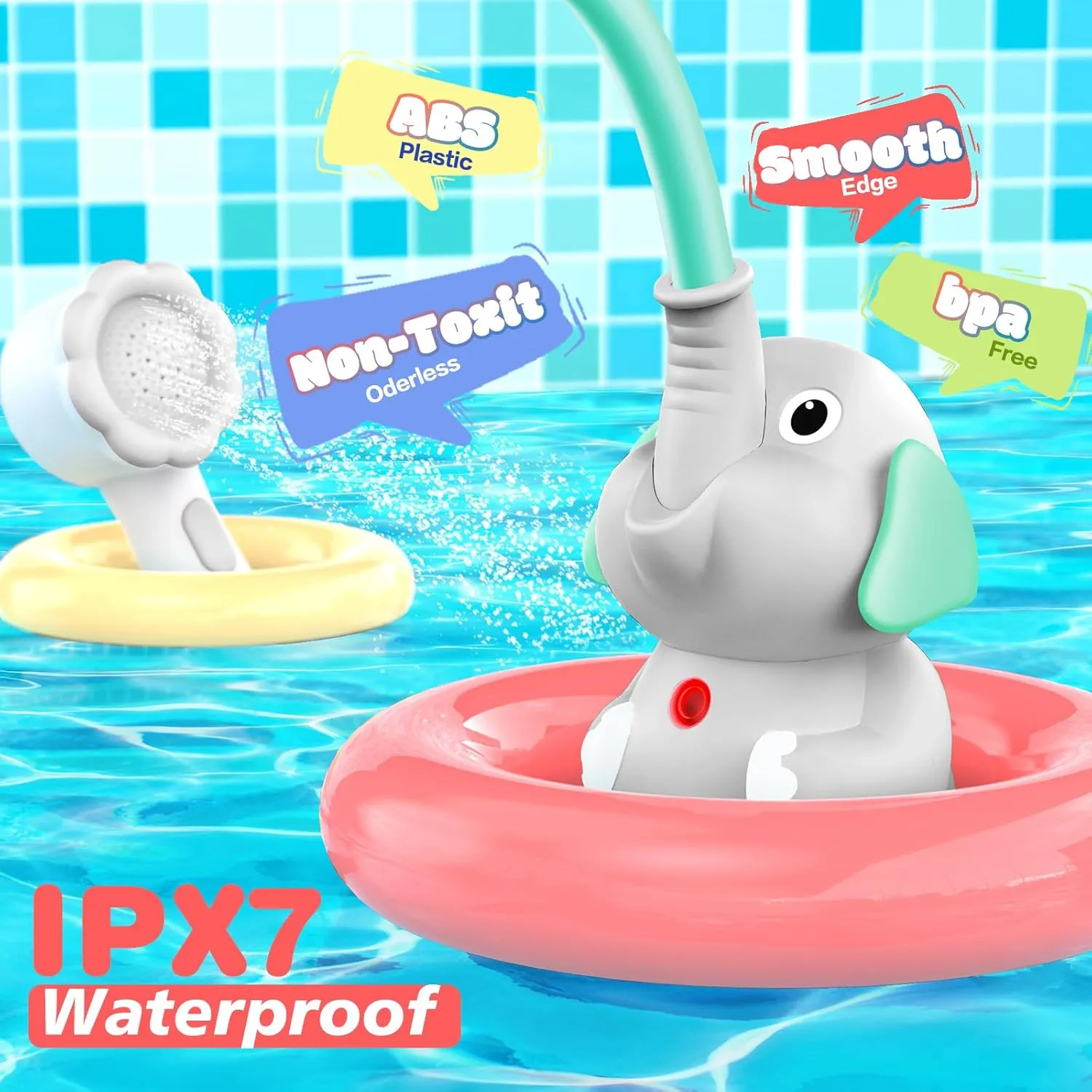 Baby Bath Shower Head for Kids Ages 1-3 Essentials, EDCREATY Rechargeable Cute Elephant Sprays Bathtub Toys with Rubber Hose Spout for 0 6 12 18 Months Babies Toddlers Infants Boys and Girls(Cyan)