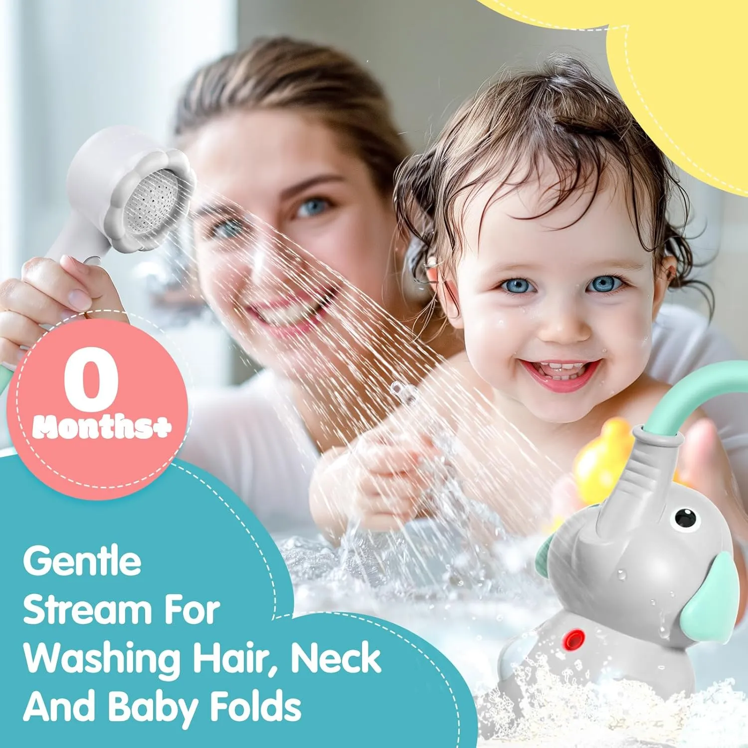 Baby Bath Shower Head for Kids Ages 1-3 Essentials, EDCREATY Rechargeable Cute Elephant Sprays Bathtub Toys with Rubber Hose Spout for 0 6 12 18 Months Babies Toddlers Infants Boys and Girls(Cyan)