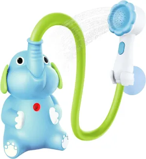Baby Bath Shower Head for Kids Ages 1-3 Essentials, EDCREATY Rechargeable Cute Elephant Sprays Bathtub Toys with Rubber Hose Spout for 0 6 12 18 Months Toddlers Newborn Infants Boys and Girls(Blue)