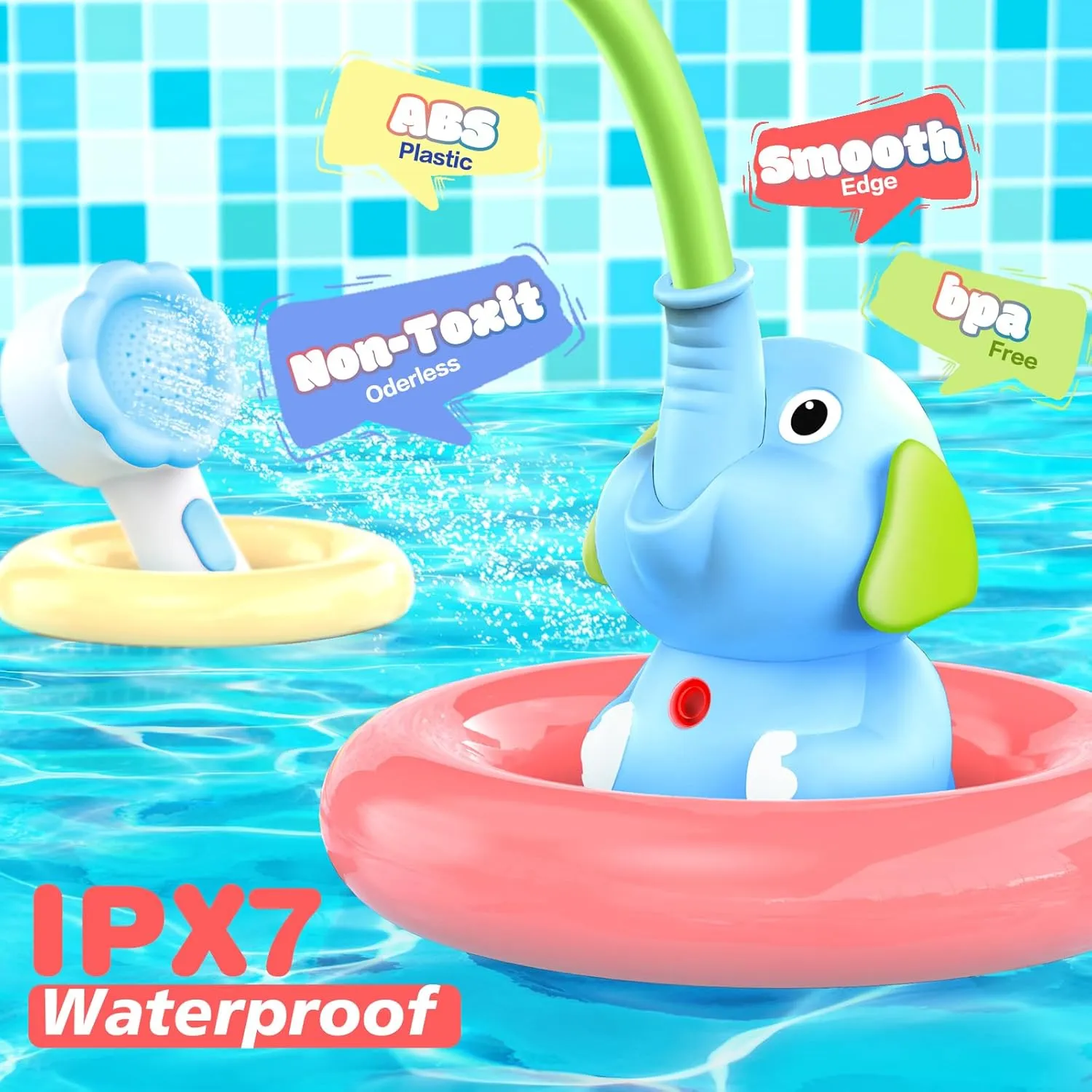 Baby Bath Shower Head for Kids Ages 1-3 Essentials, EDCREATY Rechargeable Cute Elephant Sprays Bathtub Toys with Rubber Hose Spout for 0 6 12 18 Months Toddlers Newborn Infants Boys and Girls(Blue)