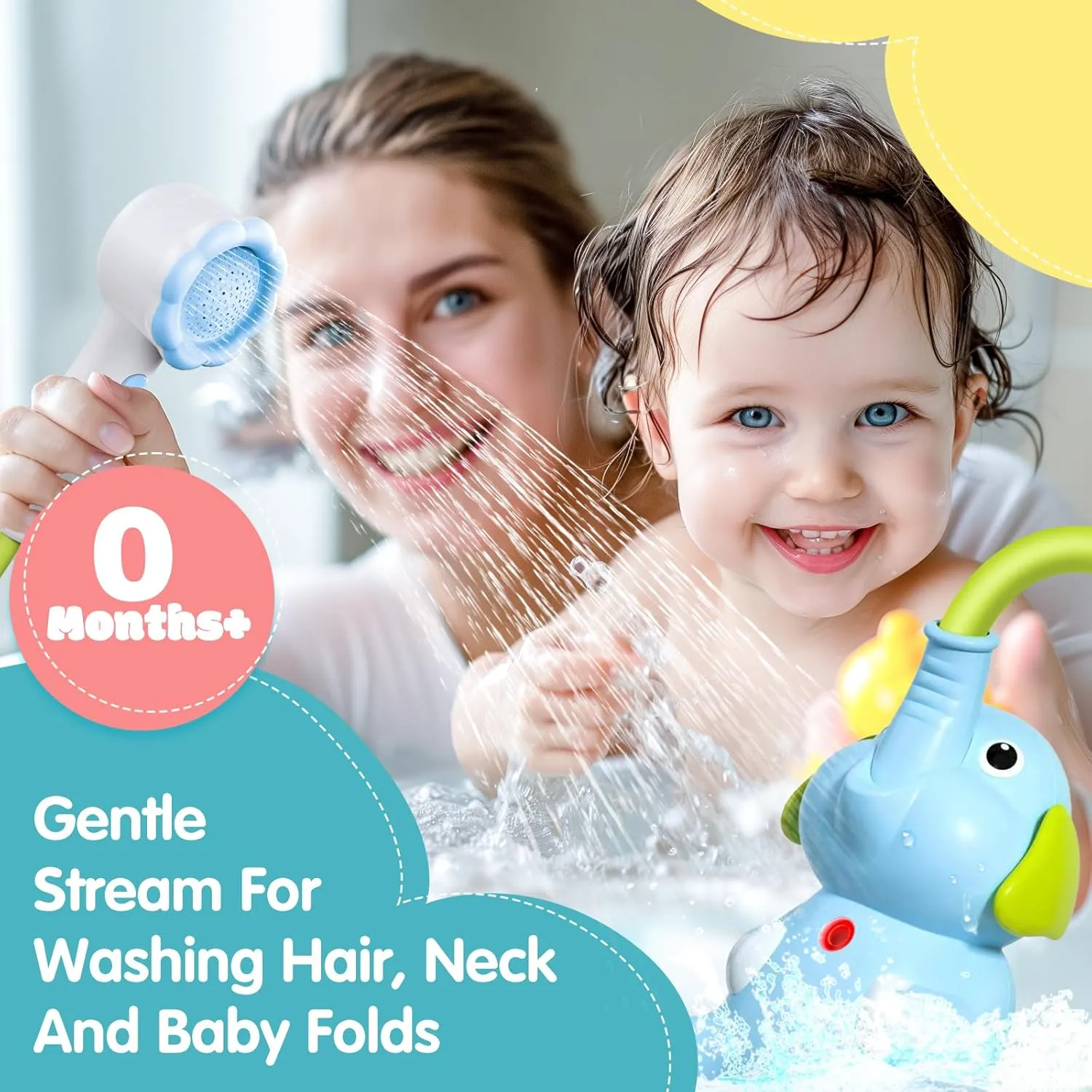 Baby Bath Shower Head for Kids Ages 1-3 Essentials, EDCREATY Rechargeable Cute Elephant Sprays Bathtub Toys with Rubber Hose Spout for 0 6 12 18 Months Toddlers Newborn Infants Boys and Girls(Blue)