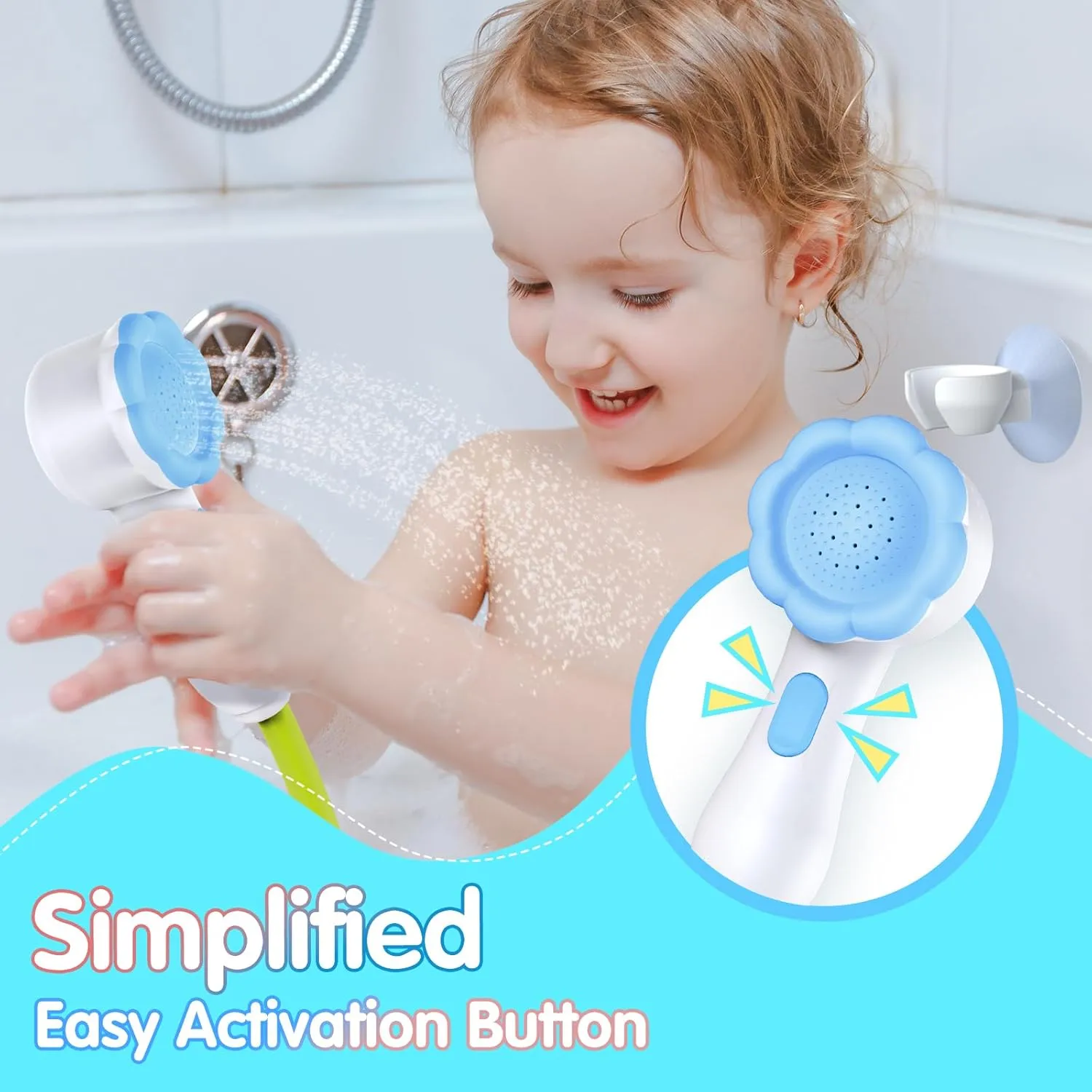 Baby Bath Shower Head for Kids Ages 1-3 Essentials, EDCREATY Rechargeable Cute Elephant Sprays Bathtub Toys with Rubber Hose Spout for 0 6 12 18 Months Toddlers Newborn Infants Boys and Girls(Blue)