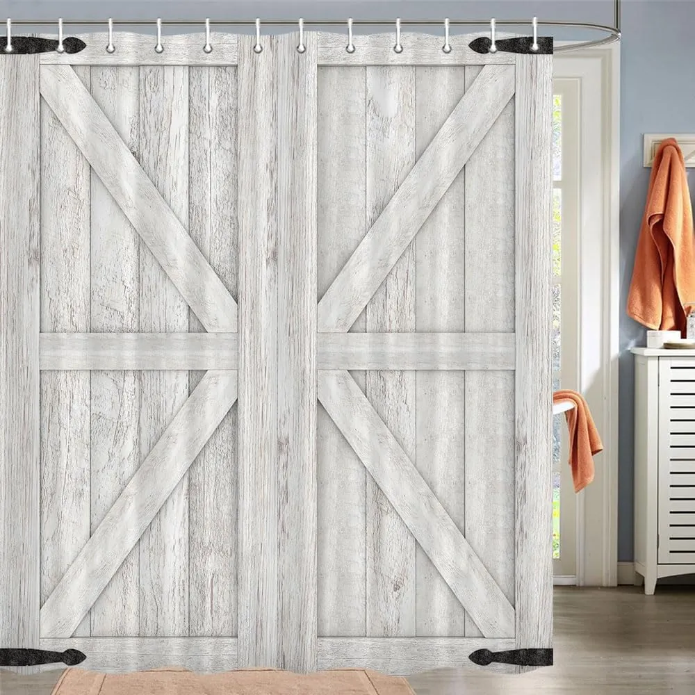 Barn Door Shower Curtain, Rustic Vintage Farmhouse Design Western Shower Curtain Country Barn Door Bath Curtains with Hooks, 72X72 Inch, Beige