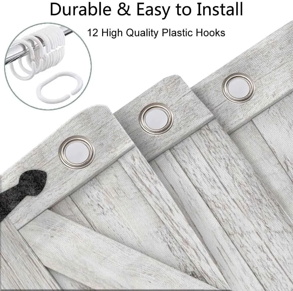 Barn Door Shower Curtain, Rustic Vintage Farmhouse Design Western Shower Curtain Country Barn Door Bath Curtains with Hooks, 72X72 Inch, Beige